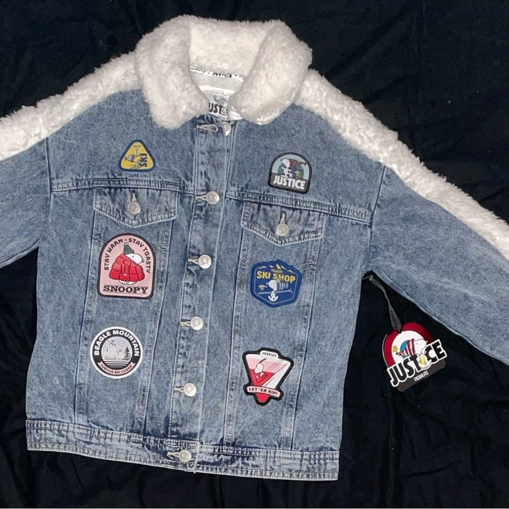 New Girl Justice Light Blue Denim Jacket with Patches and White Fur